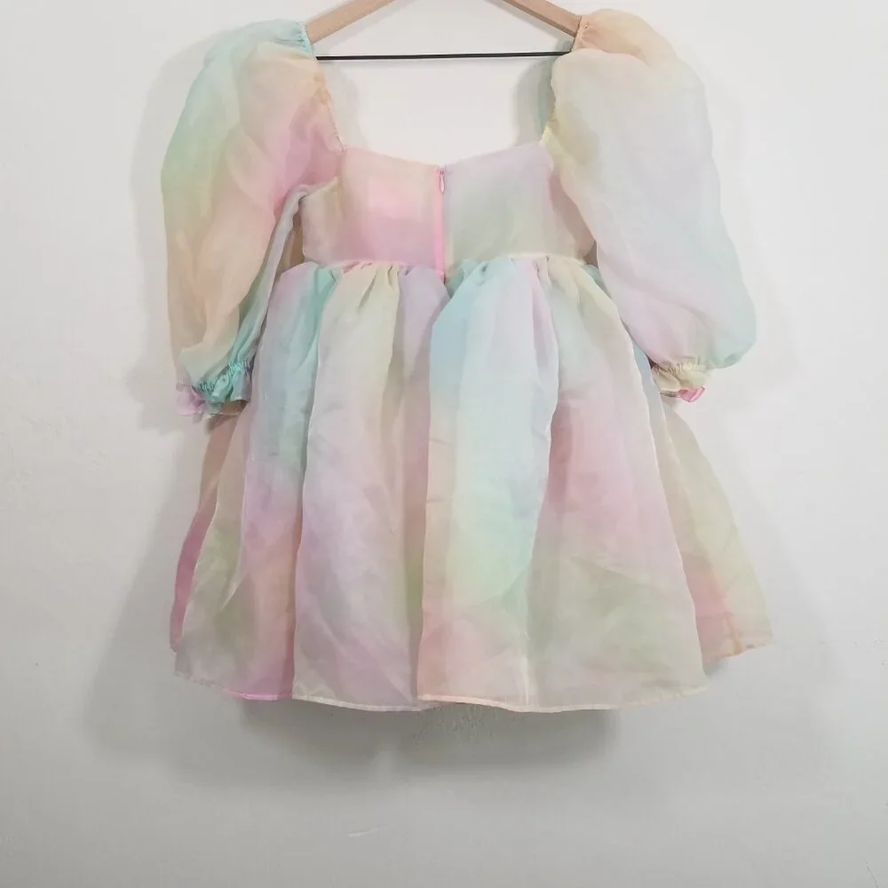 Selkie Rainbow Multicolor Puff Sleeve Mini Dress Square Neck Size S - Picture 6 of 9